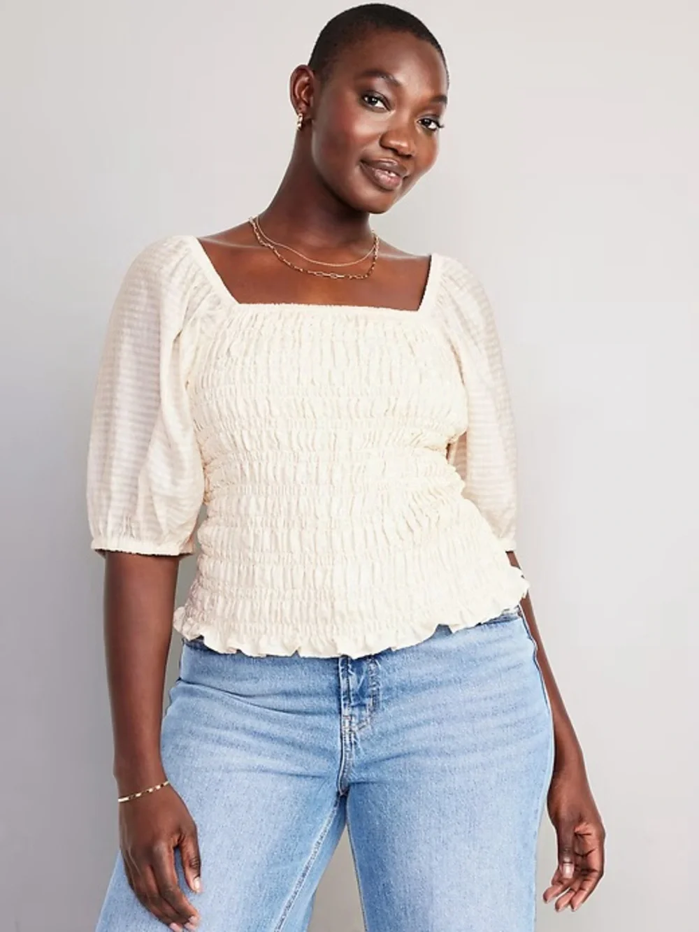 Old Navy XL Cream Smocked Puff Sleeve Square Neck Blouse Top Ivory Women Creme